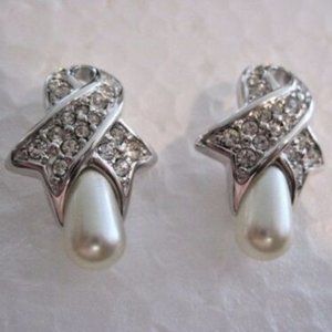 FLASH SALE ! Swarovski  Signed Silver tone Ribbon  Faux Pearl Pierced Earrings